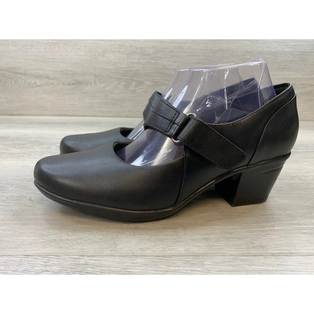 Clarks Women's Black Leather Mary Jane Block Heel Pumps 8.5 W Comfort Shoes